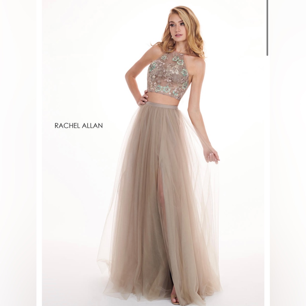 Rachel Allan Taupe Two-Piece Embellished Tulle Gown With Mint Accents